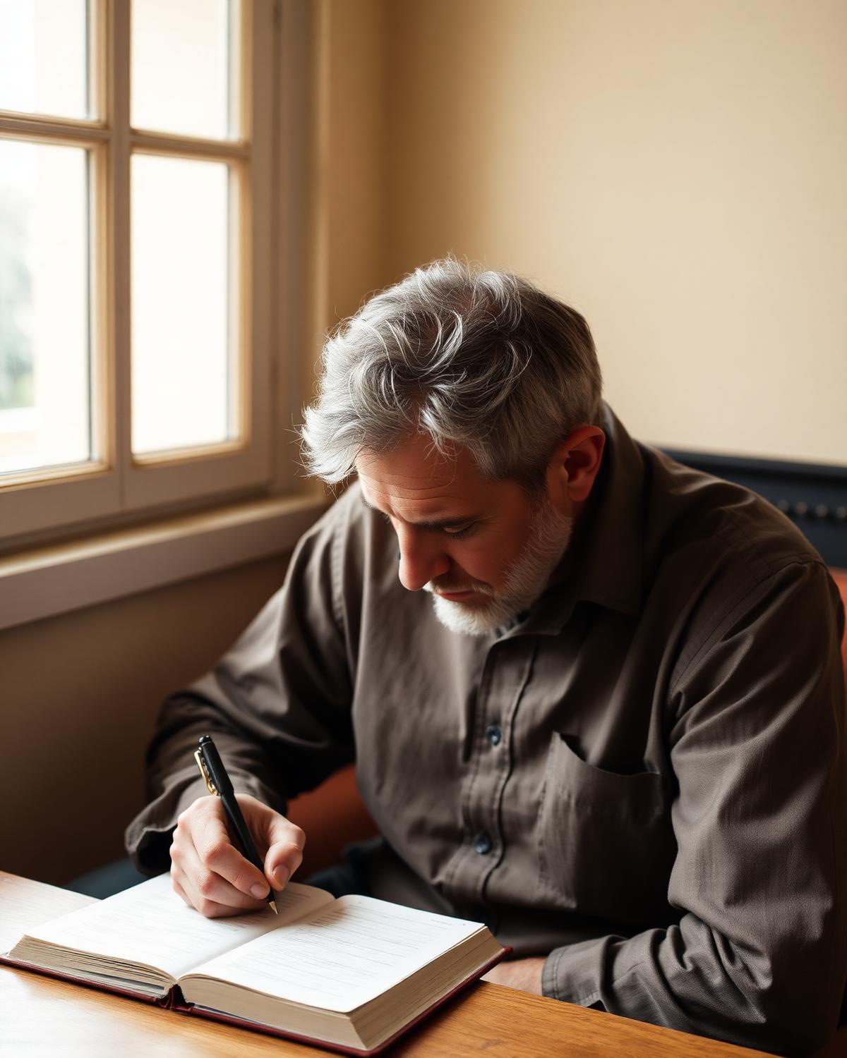 Peter Alois Giger beim Schreiben am Fenster
